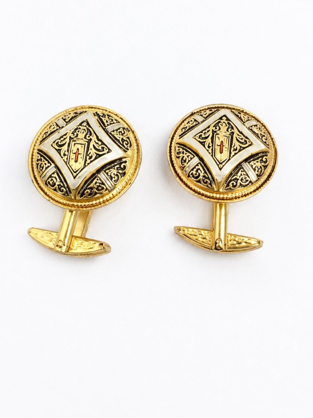Vintage Gold and Black Shield Motif Cuff Links with Red Accent